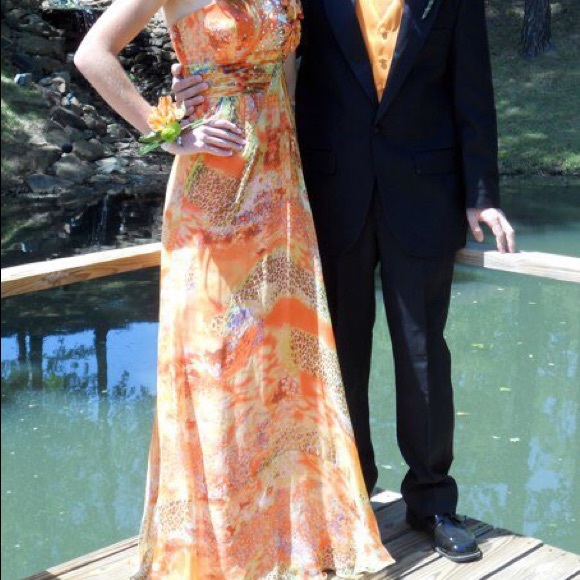 One Shoulder Orange TonyB Prom Formal Dress - Picture 3 of 8